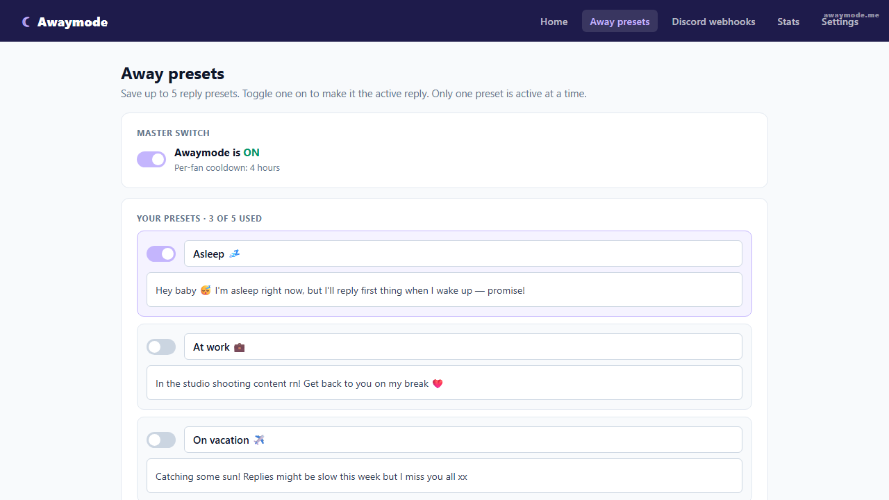 Awaymode dashboard showing custom reply presets — Asleep, At work, In class — with toggles and cooldown controls